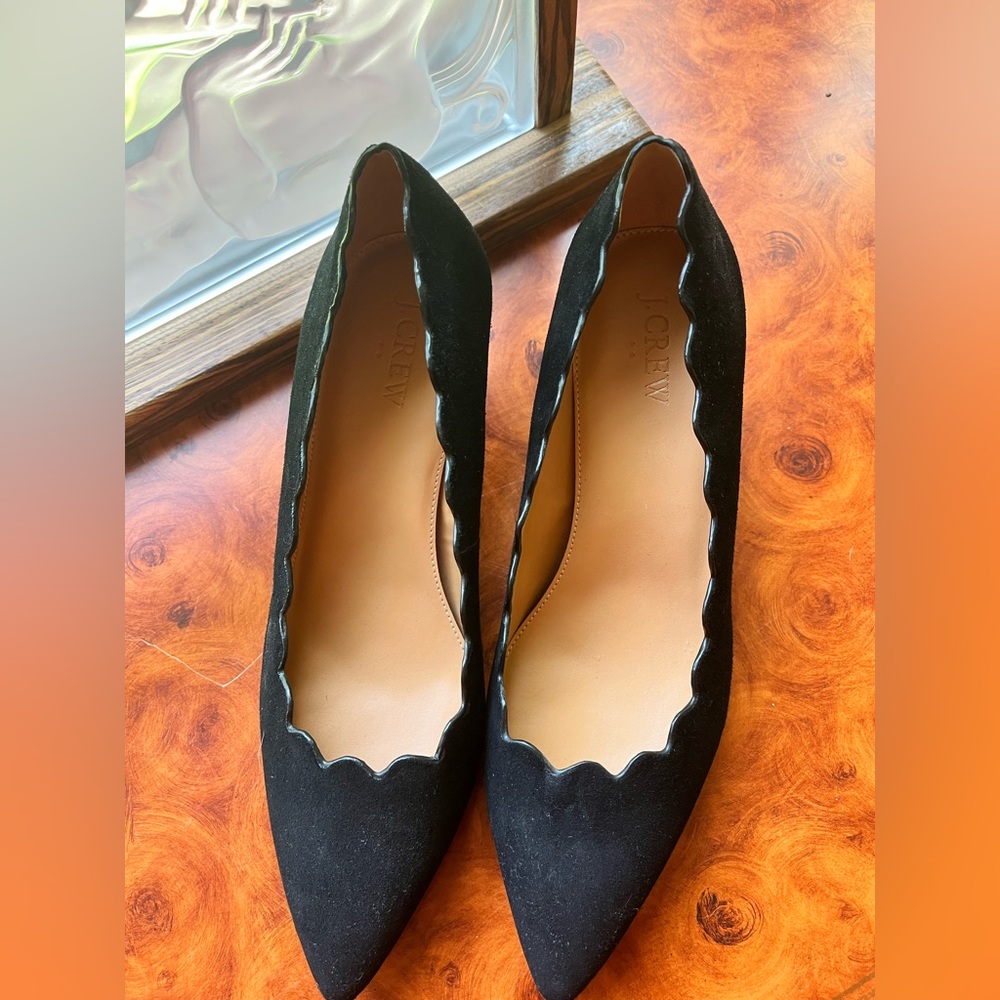 J. Crew Black Suede Scalloped Kitten Heels